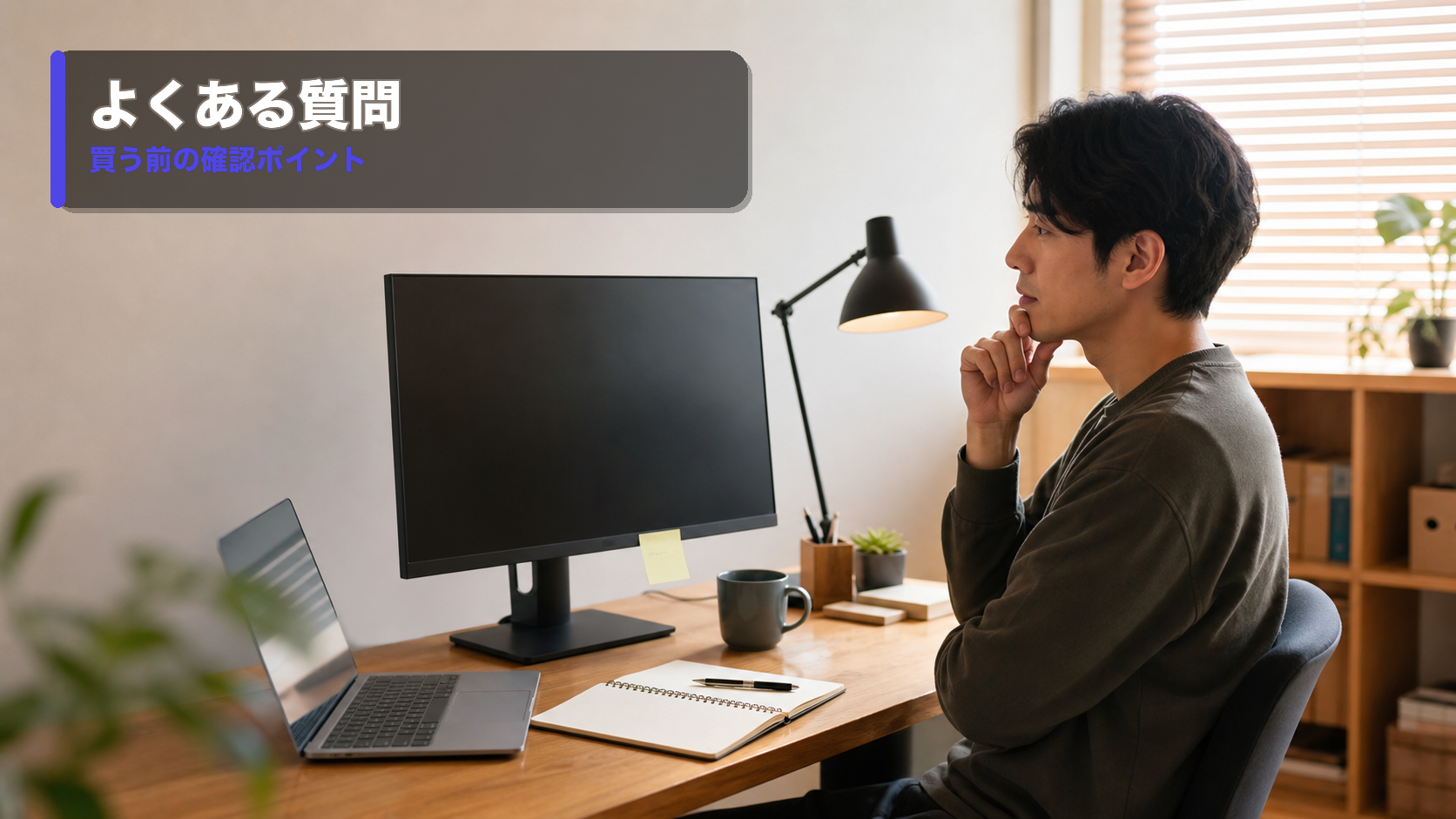 モニター配置について疑問を確認している在宅ワーカーとデスク上の外部モニター