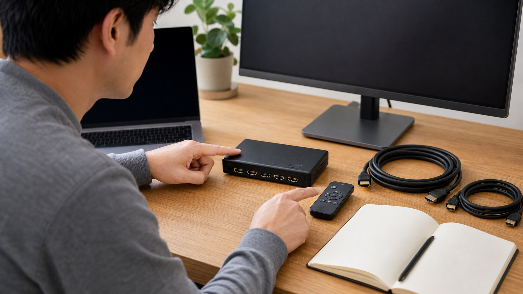 HDMI切替器とリモコンを見ながらよくある疑問を確認しているデスク