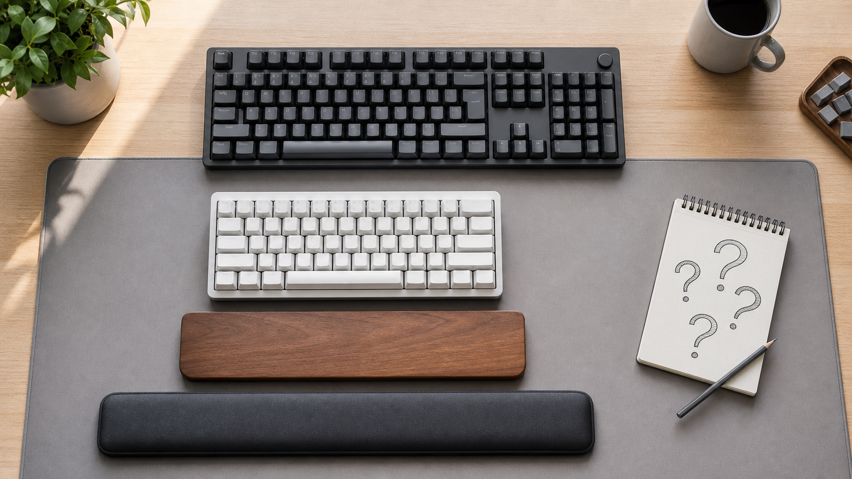 キーボードとリストレストとデスクマットを並べて比較している机上