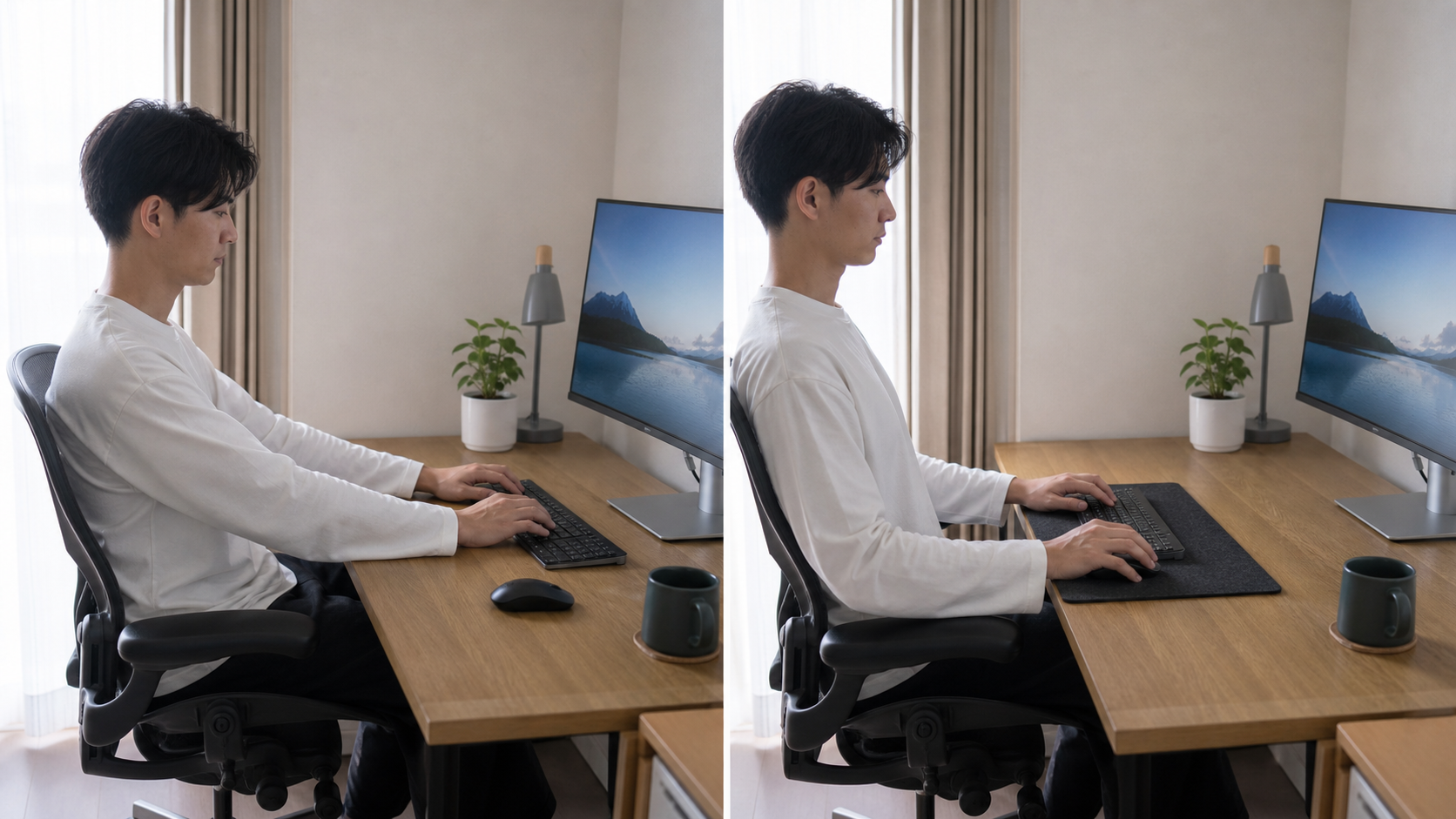 キーボードを手前に置き肘とマウス位置を整えたデスクの比較
