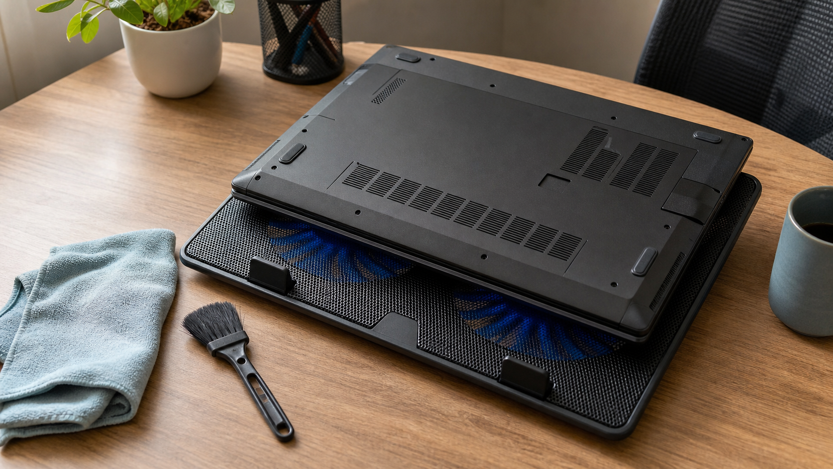 ノートPC底面の吸気口と冷却台ファンの位置を確認しているデスク