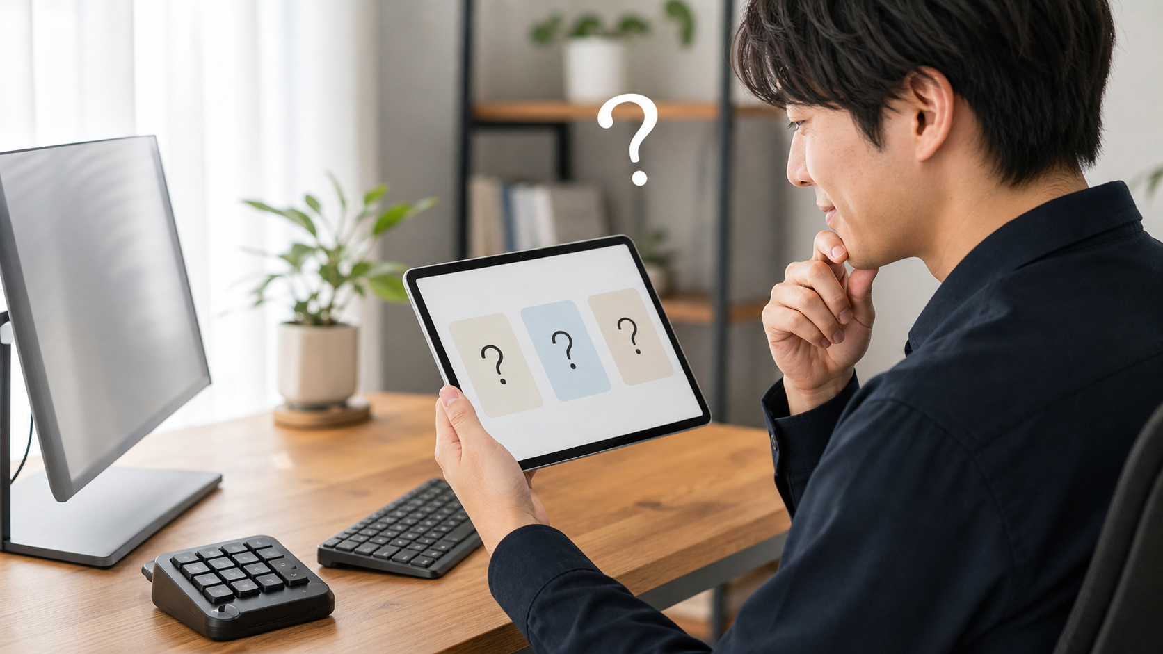 仕事用の左手デバイスについて質問を確認しているデスク作業