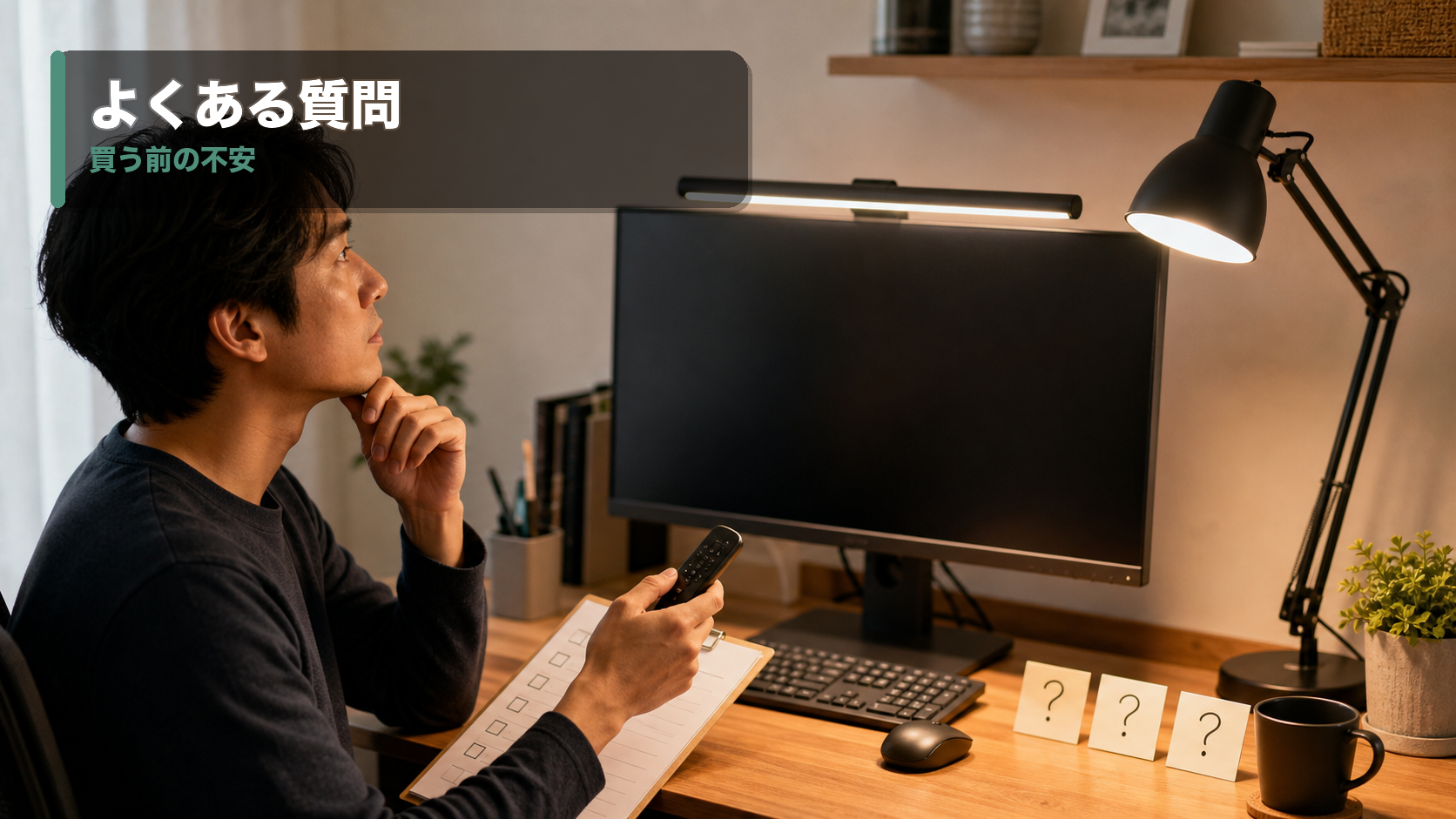 モニターライトとデスクライトを前に、購入前の疑問を確認している在宅ワーカー