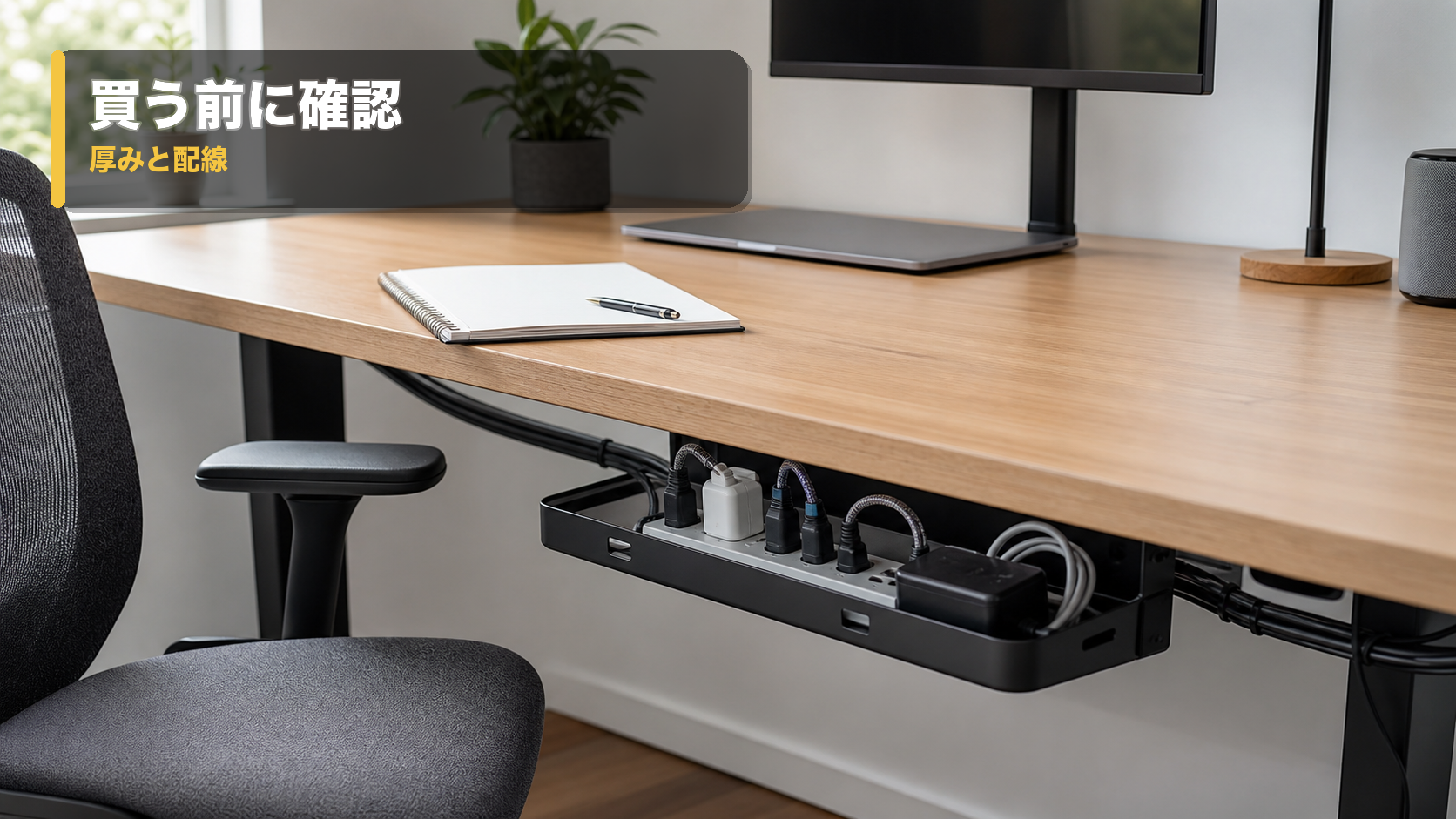 机下トレーに電源タップを収め、厚みと配線を確認しているデスク