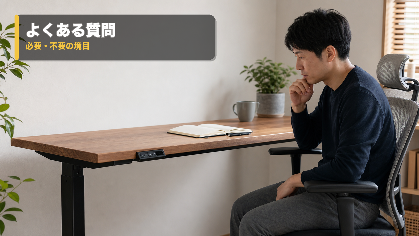 昇降デスクのコントローラーとノートを前に、必要かどうかを考えている在宅ワーカー