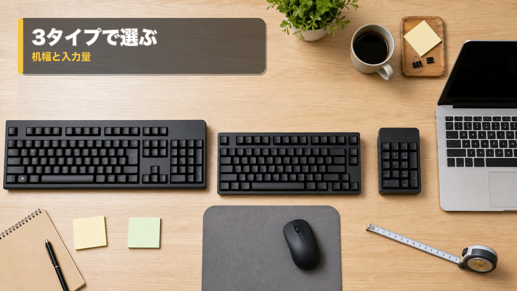 フルサイズキーボード、テンキーレスキーボード、外付けテンキーをデスク上で比較している様子