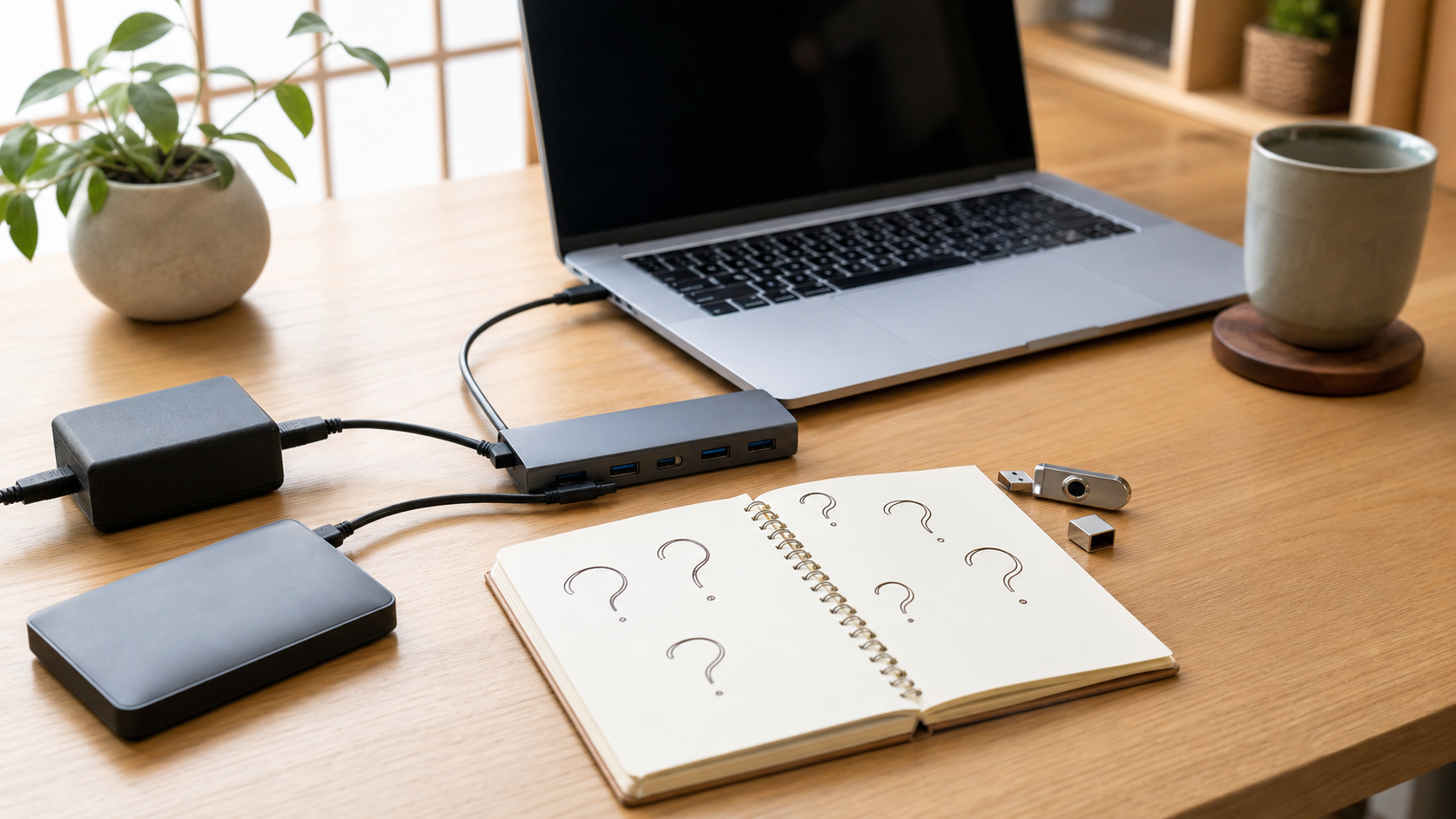 USBハブのセルフパワーと電力不足についてよくある質問を確認しているデスク