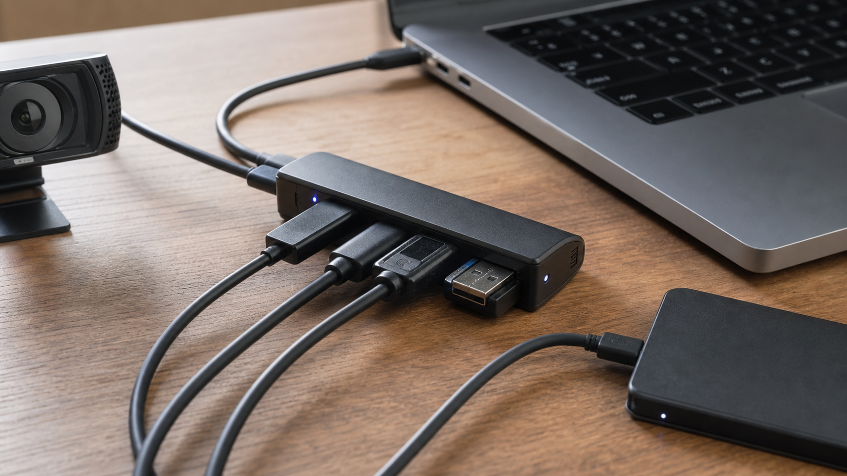 USBハブにWebカメラや外付けドライブを接続して電力不足の原因を探しているデスク