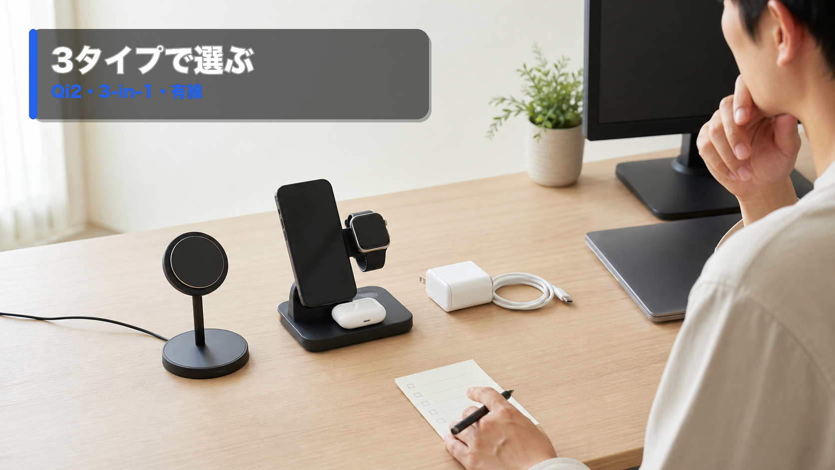 単体ワイヤレス充電スタンド、3-in-1充電器、有線USB-C充電器をデスク上で比較している様子