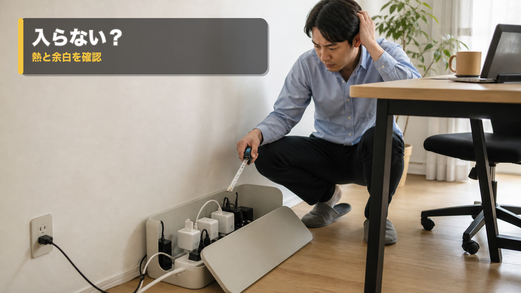 ACアダプターをつないだ電源タップと開いたケーブルボックスを前に、サイズを測るデスク利用者