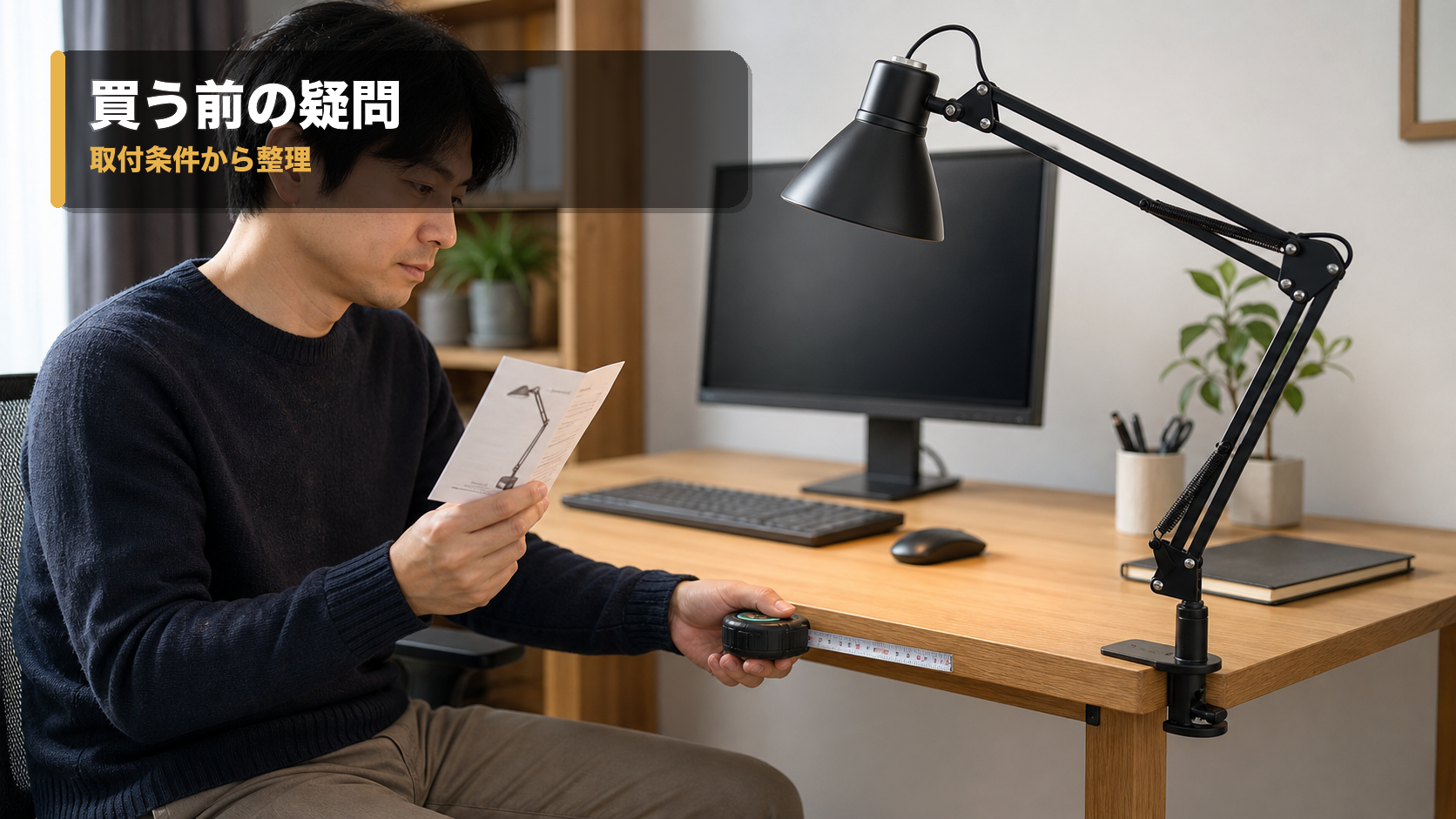 木製デスクの角に付けたクランプ式デスクライトと説明書を見ながら購入前の確認をする利用者