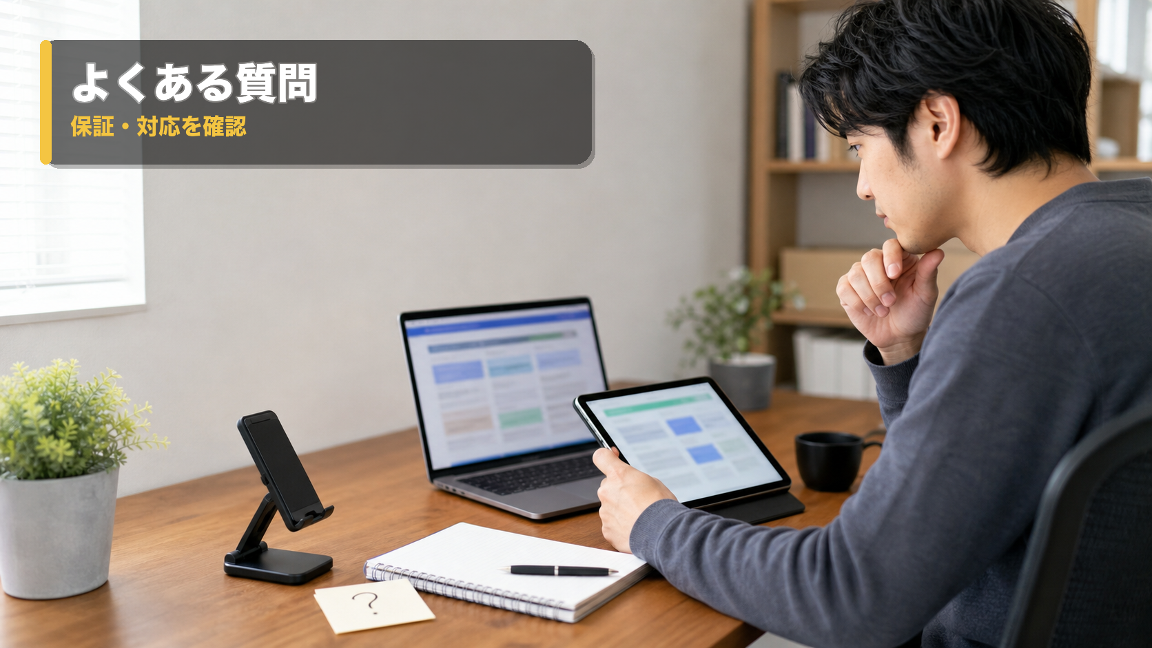 スマホスタンドの保証と端末対応を確認しながらデスクで比較する人