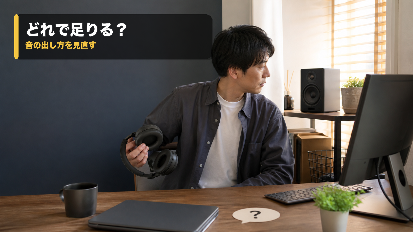 ヘッドホンと小型PCスピーカーを前にして、どちらで音を聞くか考える在宅ワークの机
