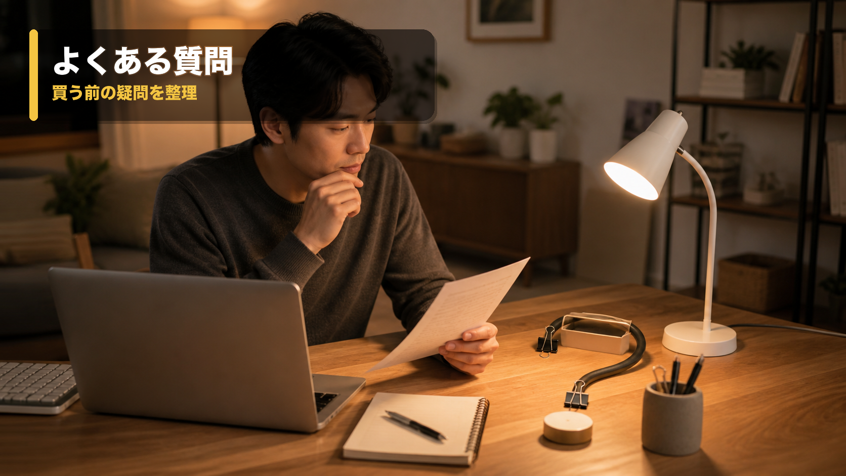 ノートPCと小型デスクライトを前に、購入前の確認項目を見直す在宅ワーカー
