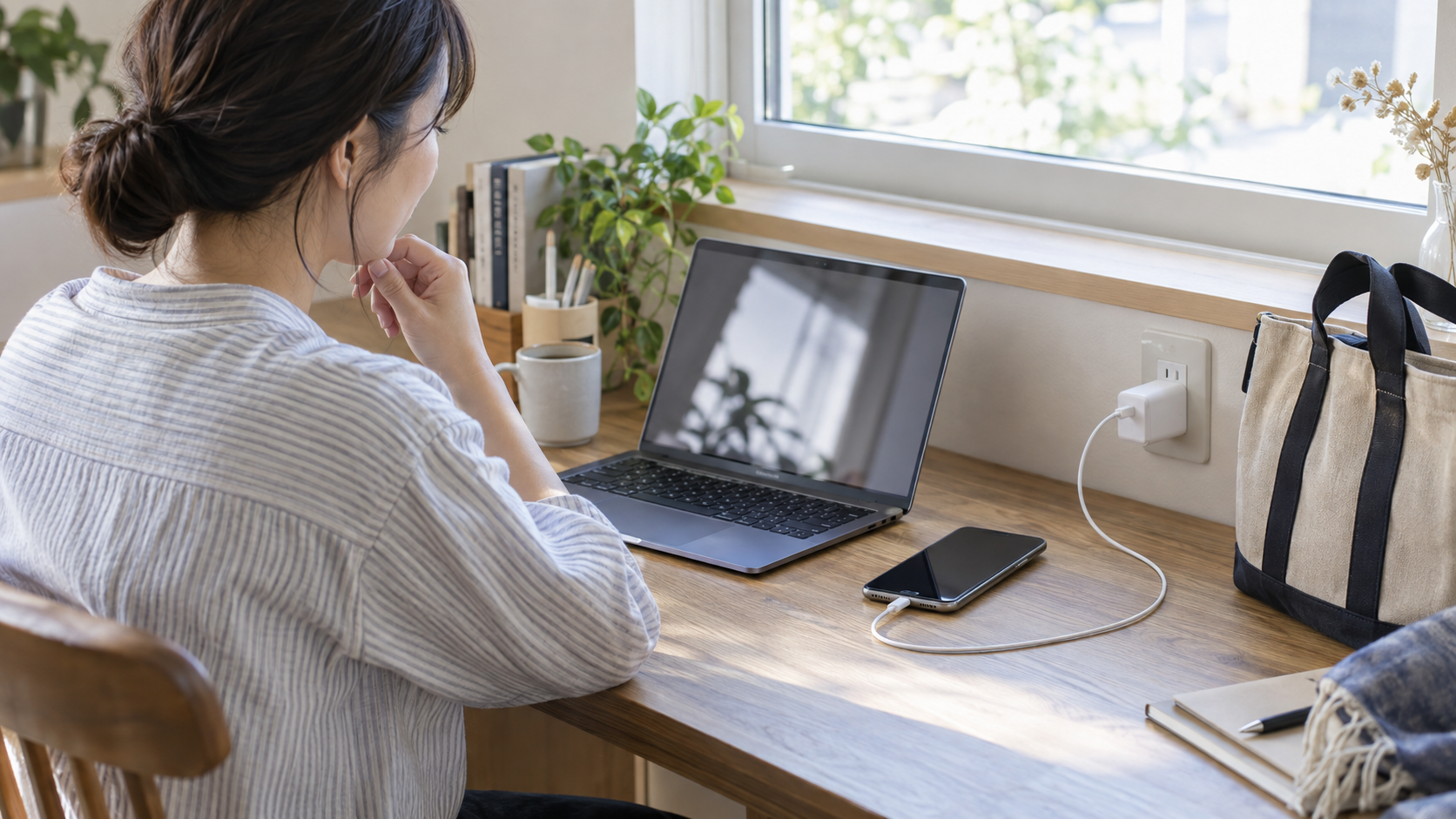 自宅と職場で充電できるかを確認し、モバイルバッテリーが必要か考える在宅ワーカー