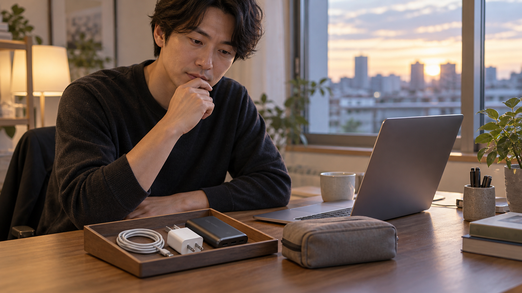 モバイルバッテリーの容量と保管について質問を確認している在宅ワーカーのデスク