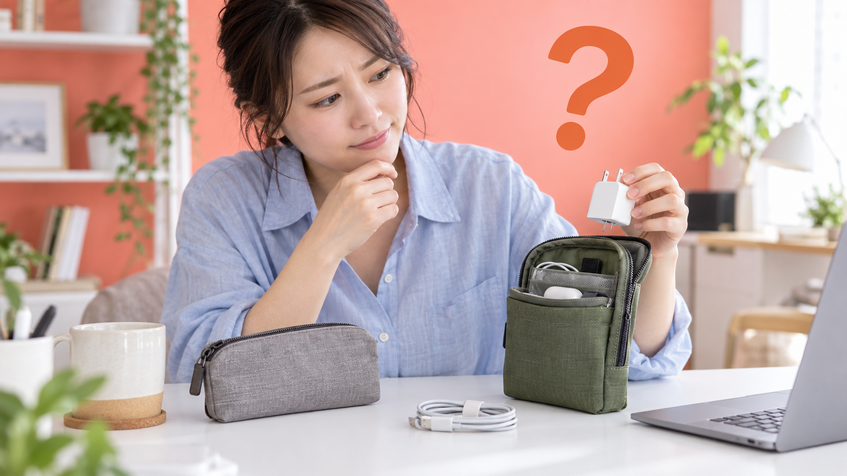 充電器が入るポーチを考える女性と疑問符