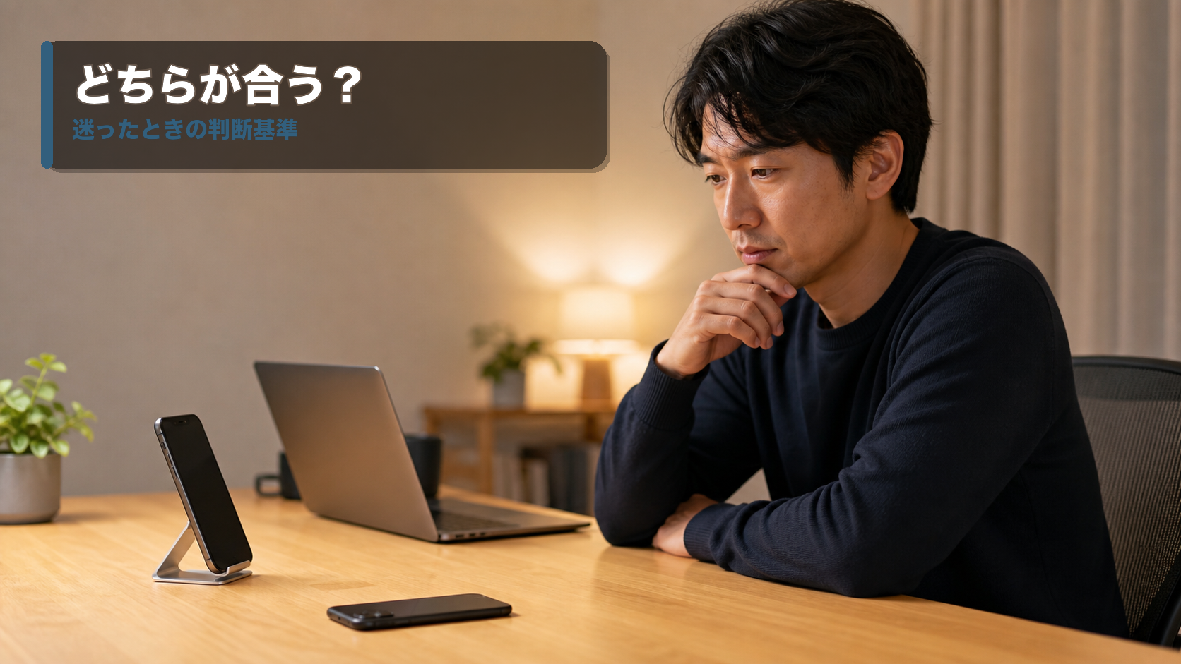 デスクでスマホスタンドを使うか迷い、通知を伏せる置き方と画面を立てる置き方を考える様子