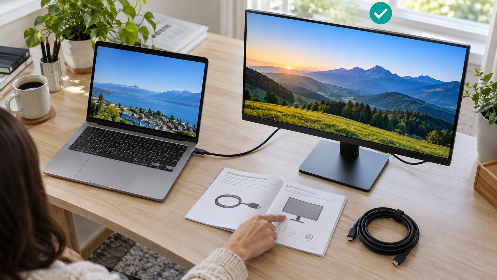 説明書を確認しながらノートPCと外部モニターを使う机