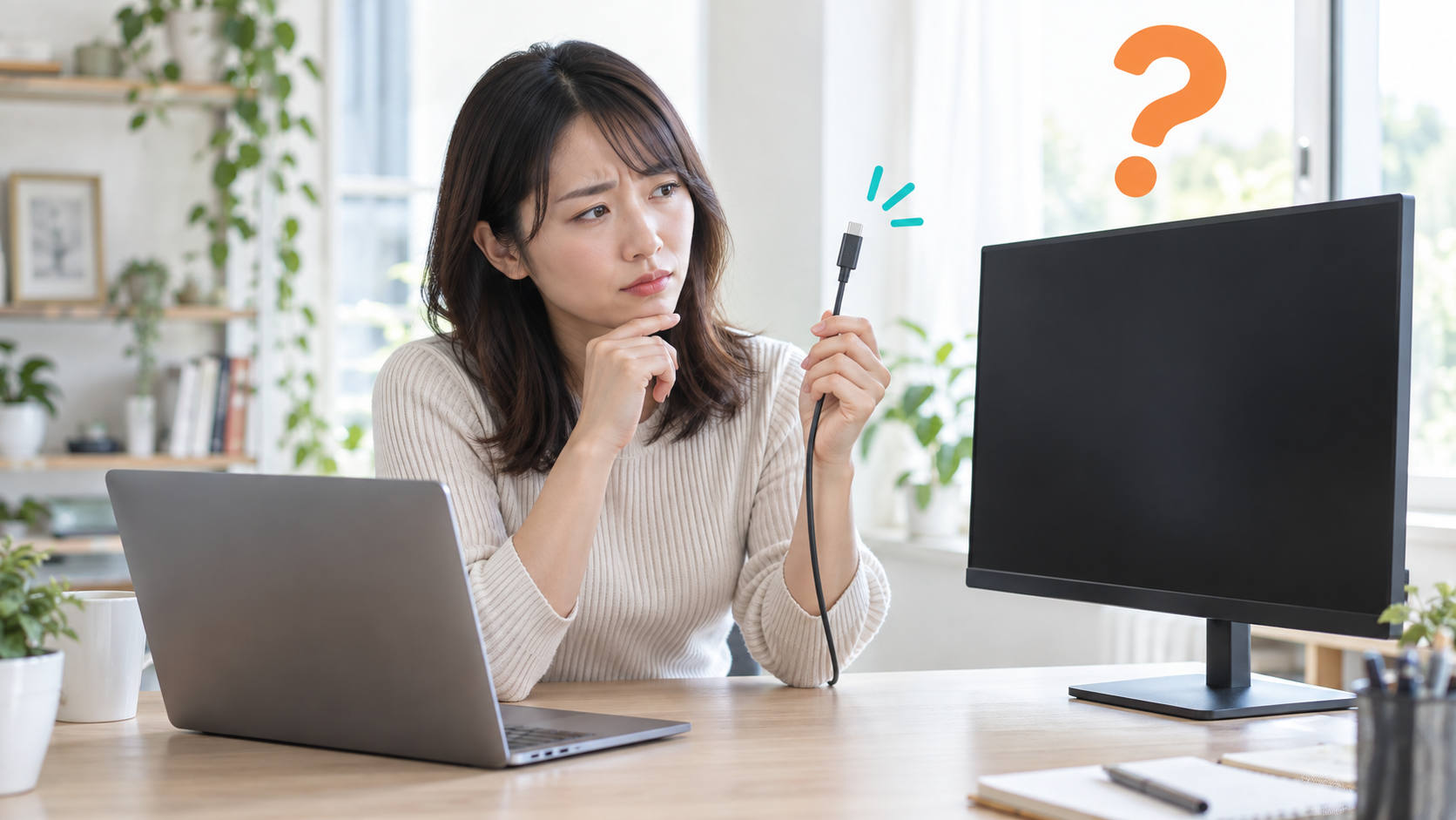 USB-C接続の疑問を考える女性と外部モニター