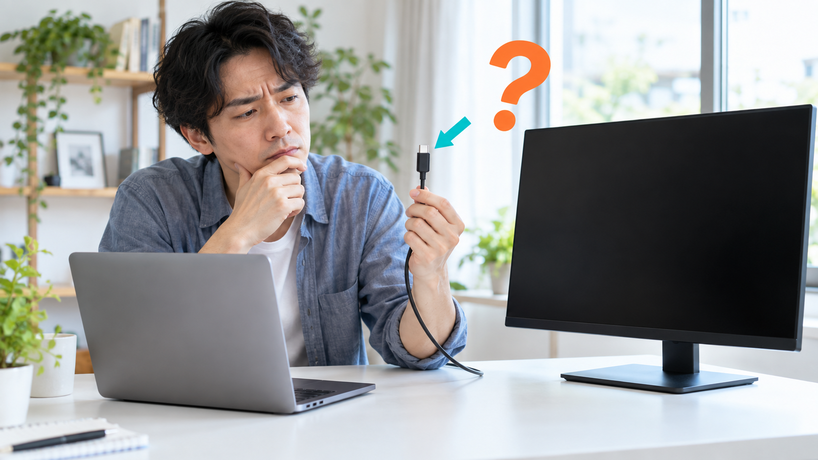 映らない外部モニターの前でUSB-Cケーブルを確かめる男性