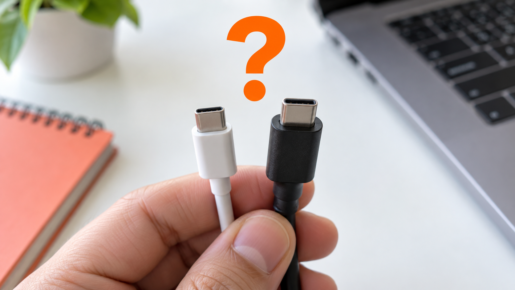 同じ形のUSB-C端子を見比べる手元と疑問符