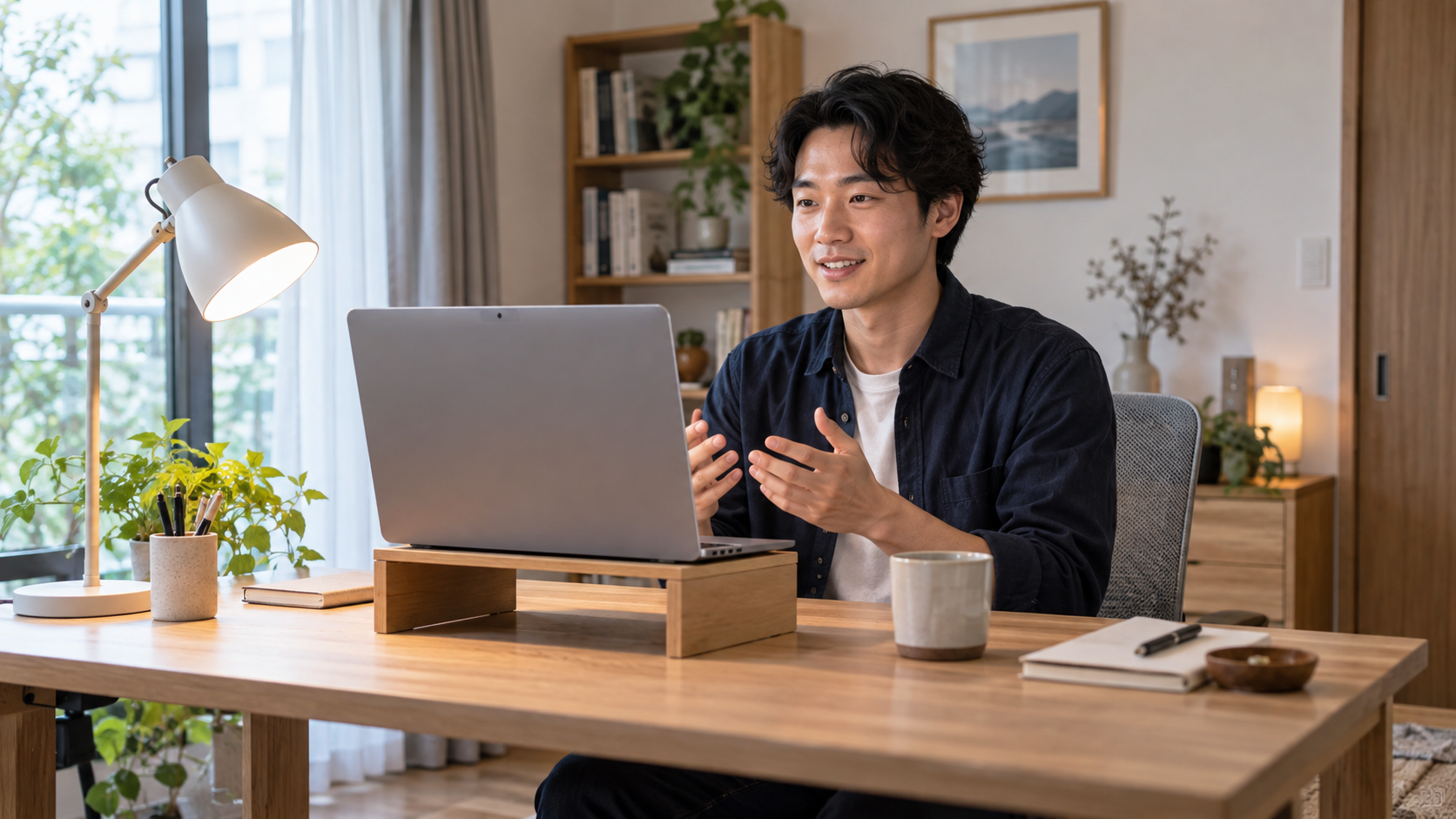 ノートPCを目線の高さに置き、内蔵カメラとデスクライトでWeb会議をしている在宅ワーカー