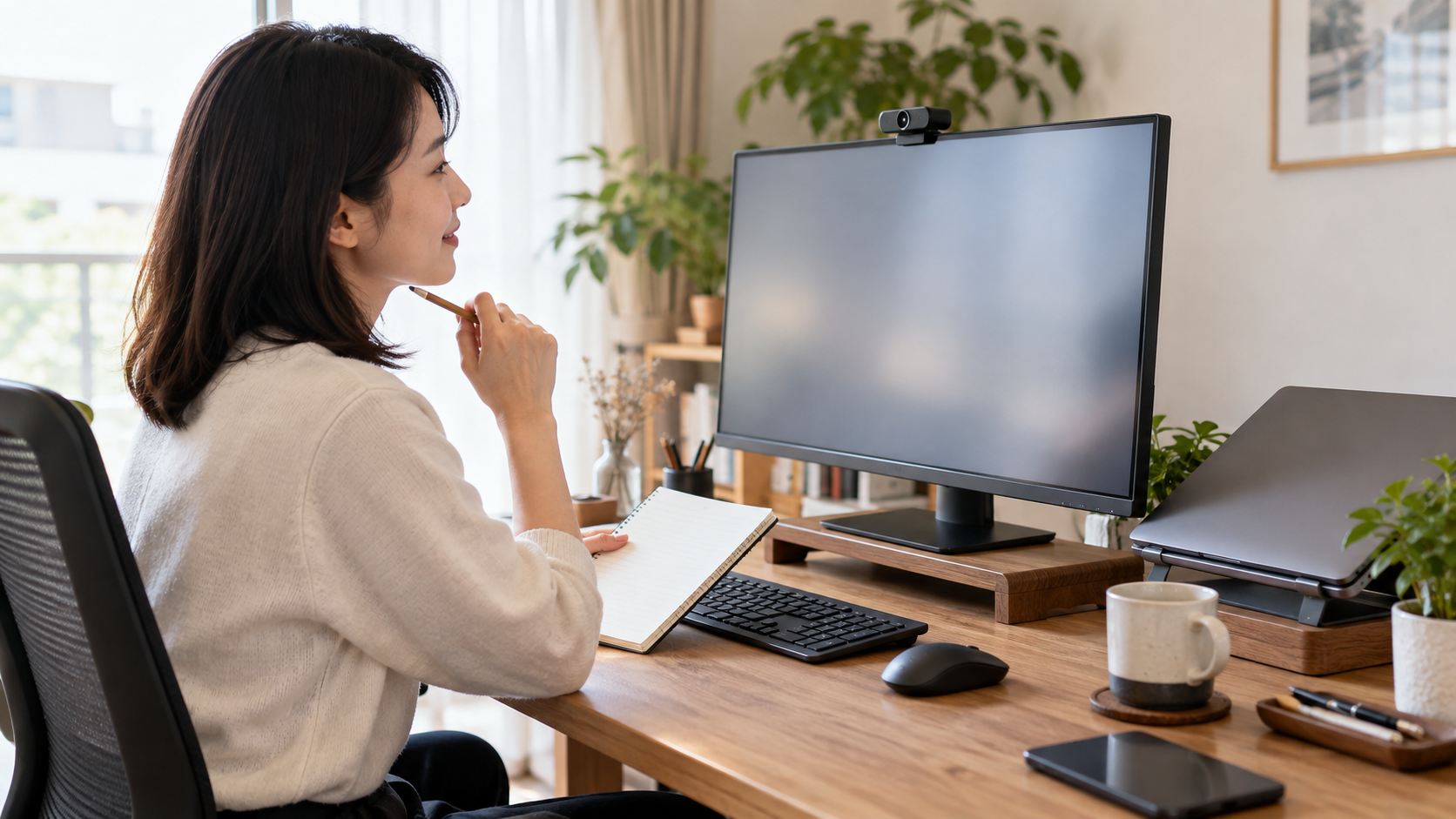 外部モニター上に小型ウェブカメラを置き、ノートPCを横へ寄せた在宅ワークのデスク