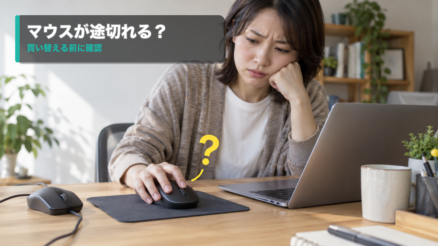 動かないマウスを見て困っている女性
