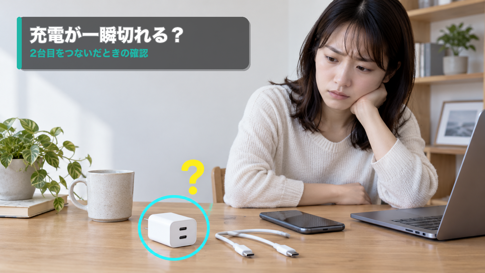 多ポート充電器とスマホを見て困る女性