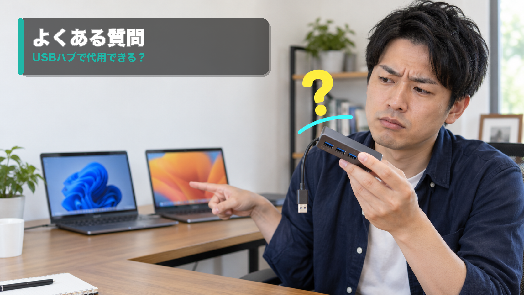 USBハブを手に2台のPCとの使い分けを考える男性