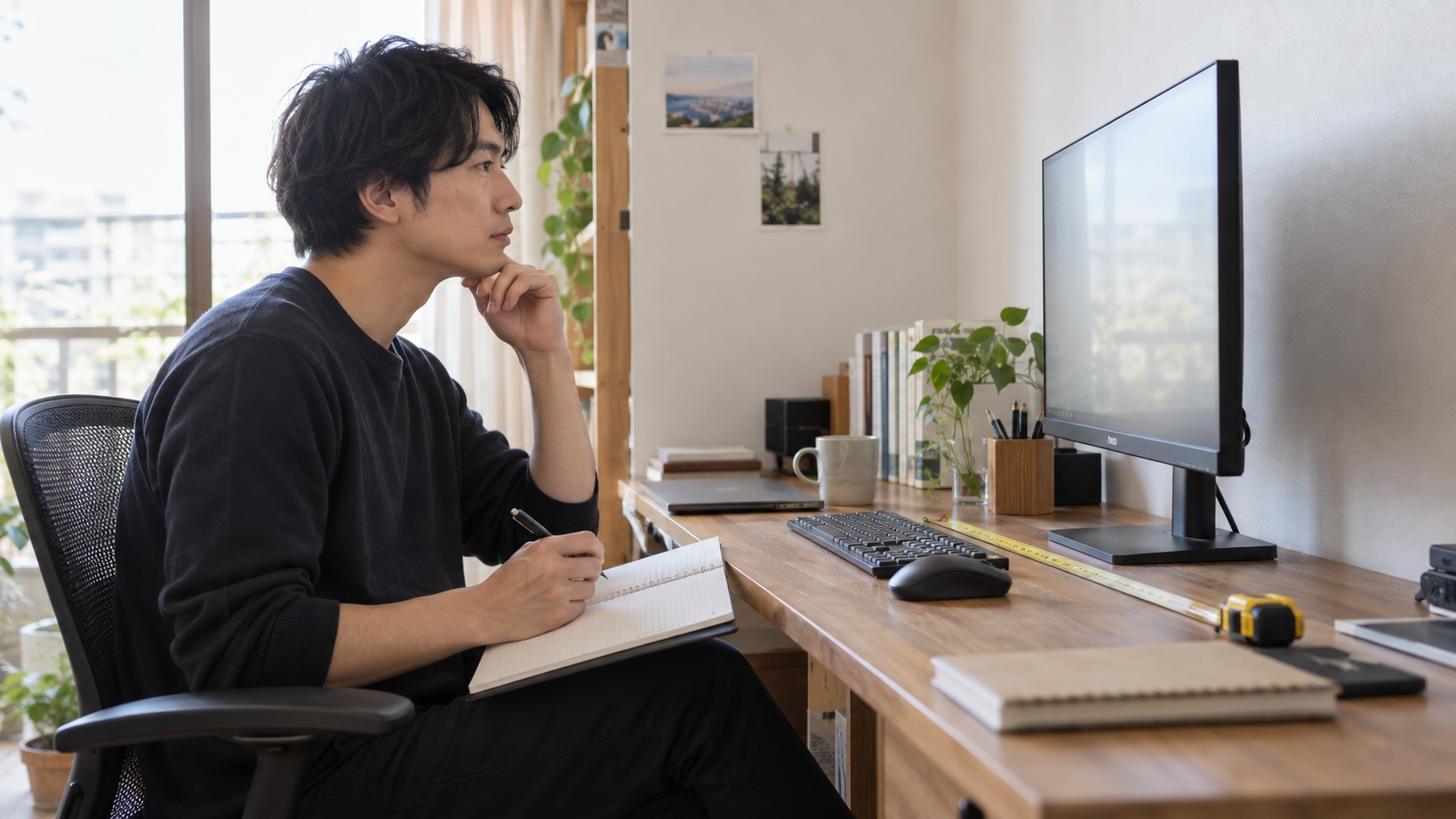 外部モニターの高さと机の奥行きを確認しながらノートに書き留める在宅ワーカー