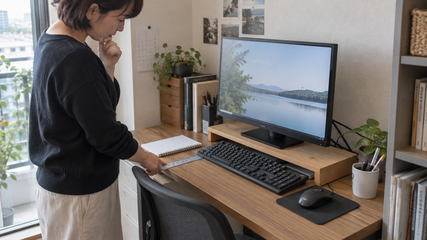 モニター台を置いた机で、キーボード前の作業スペースを定規で確認する様子
